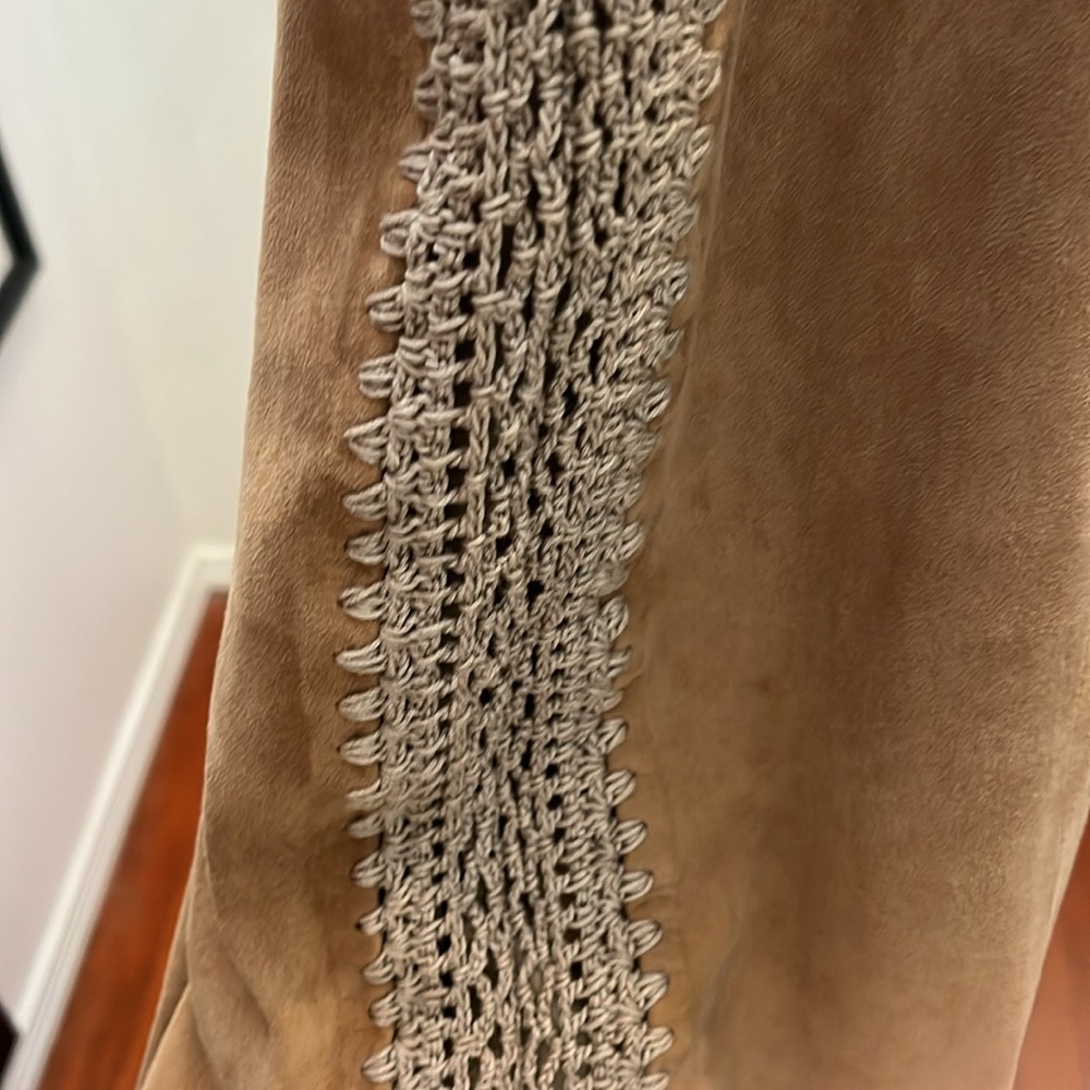 NWOT Leather Nicole Miller Artelier fawn coloured sheep suede crochet dress, sz4 - Picture 4 of 8